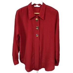 Impressions  California Vintage Red Blouse Art Buttons Career Casual Secretary L